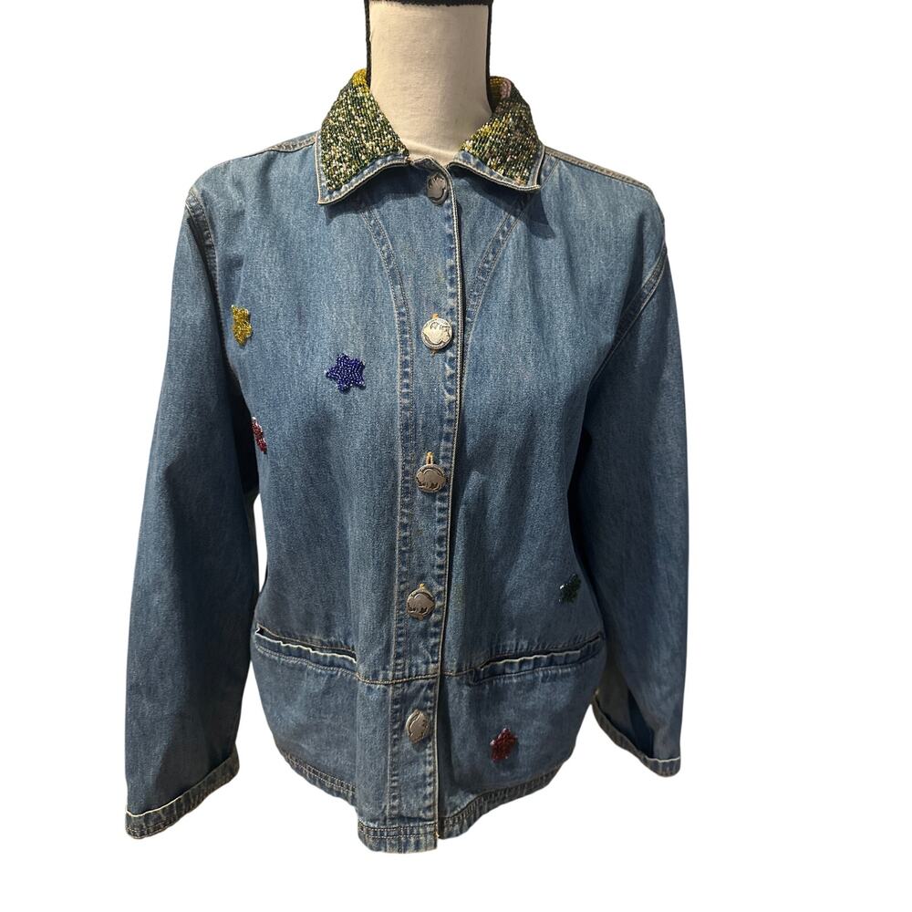 ⭐️ Women’s Vintage Chico’s Design Embellished Denim Jacket Size 1 Medium Bead